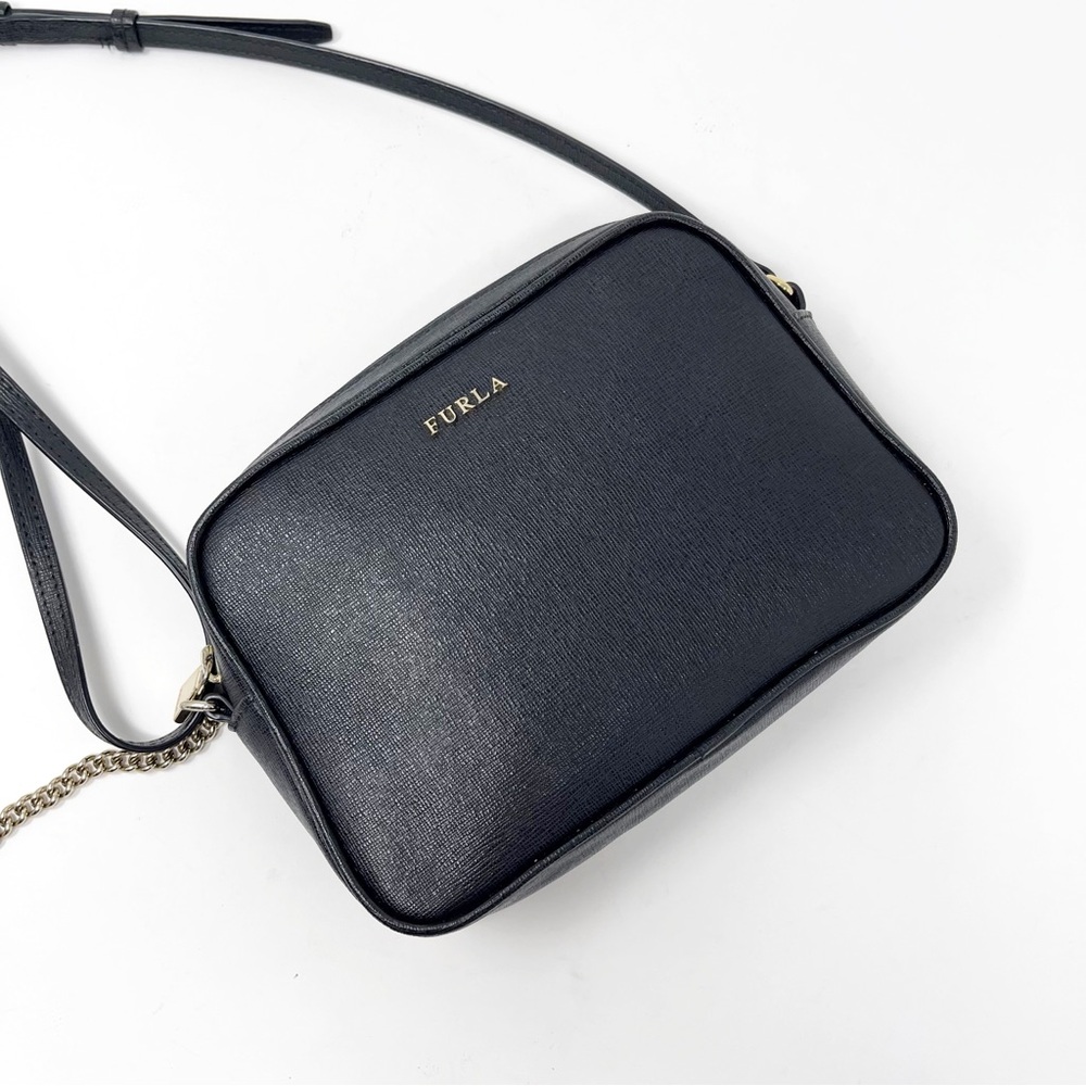 Furla Black Saffiano Leather Camera Crossbody Bag Chain Zipper Top 7x5.5 in - Picture 3 of 15